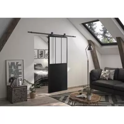 OPTIMUM Kit porte coulissante ATELIER noir + rail apparent - 204 x 93 cm - verre dépoli