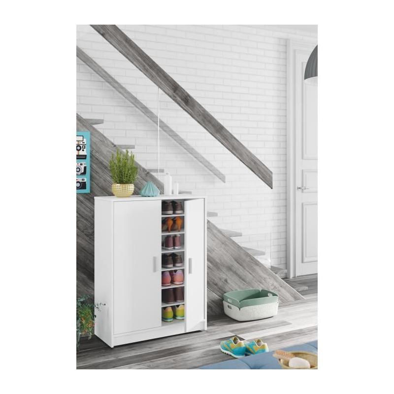 Meuble à chaussures BASIC - 2 portes + 6 étagères - Blanc - 30 paires