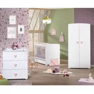 Armoire bébé Basic - MDF - Blanc - Bouton cœur rose