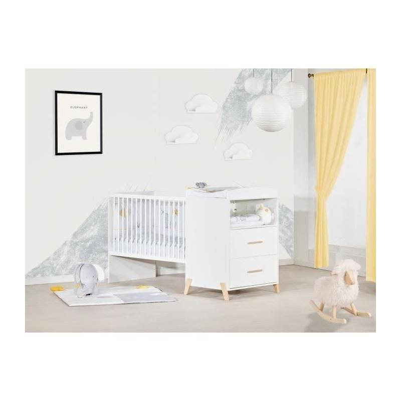 Lit Combiné Evolutif Joy Naturel - Blanc sur pieds bois naturel - 120x60cm