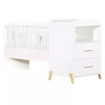 Lit Combiné Evolutif Joy Naturel - Blanc sur pieds bois naturel - 120x60cm
