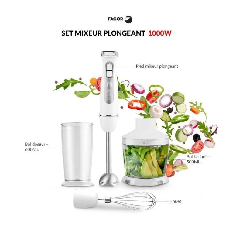 Mixeur plongeant FAGOR FG349 1000 W - 12 vitesses + pulse - Blanc