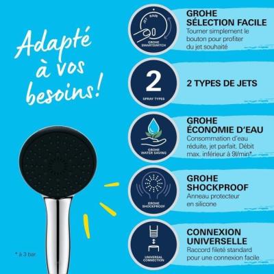 Pommeau de douche GROHE Vitalio Start 110 - 2 jets - Economie d'eau