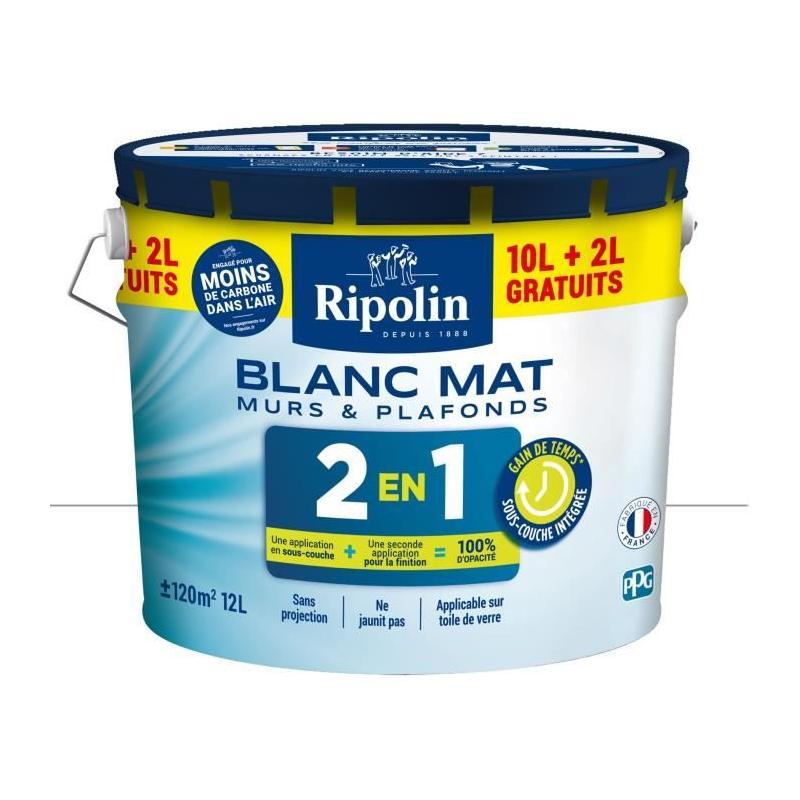 Peinture Murs et Plafonds 2 en 1 Blanc Mat Ripolin 10L + 2L gratuits - Kit complet