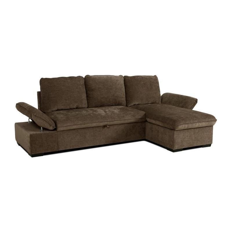 Découvrez le Canapé d'angle convertible réversible CANDY en tissu chocolat avec coffre et ses dimensions généreuses de 297 x 148