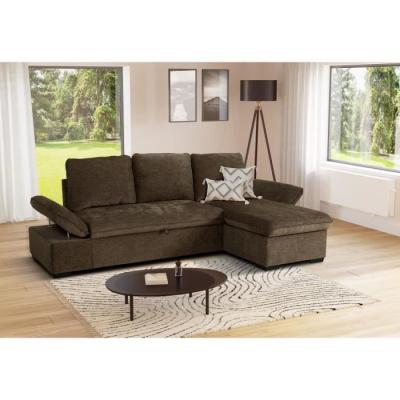 Découvrez le Canapé d'angle convertible réversible CANDY en tissu chocolat avec coffre et ses dimensions généreuses de 297 x 148