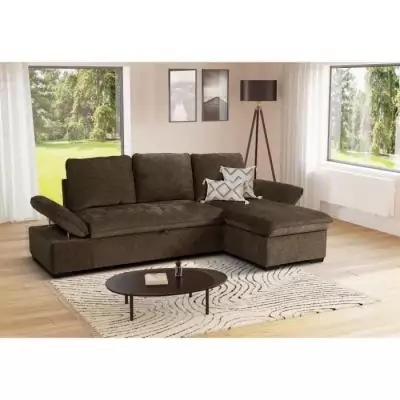 Découvrez le Canapé d'angle convertible réversible CANDY en tissu chocolat avec coffre et ses dimensions généreuses de 297 x 148