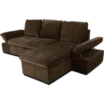 Découvrez le Canapé d'angle convertible réversible CANDY en tissu chocolat avec coffre et ses dimensions généreuses de 297 x 148