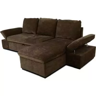 Découvrez le Canapé d'angle convertible réversible CANDY en tissu chocolat avec coffre et ses dimensions généreuses de 297 x 148