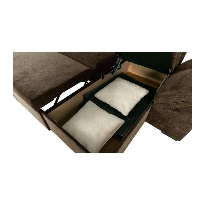 Découvrez le Canapé d'angle convertible réversible CANDY en tissu chocolat avec coffre et ses dimensions généreuses de 297 x 148