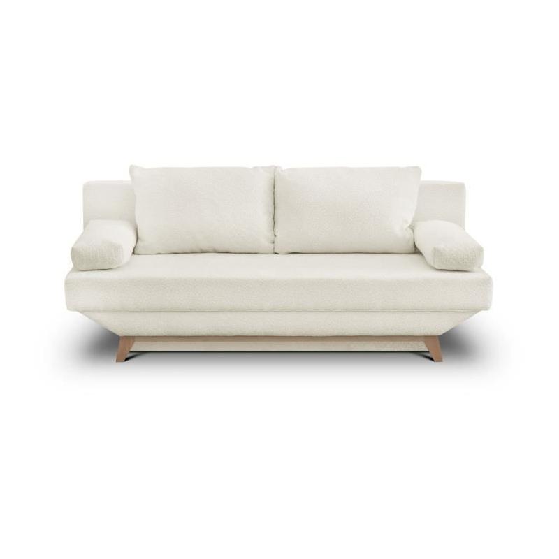 Banquette convertible 3 places TEIJO - Tissu bouclette beige - Coffre de rangement