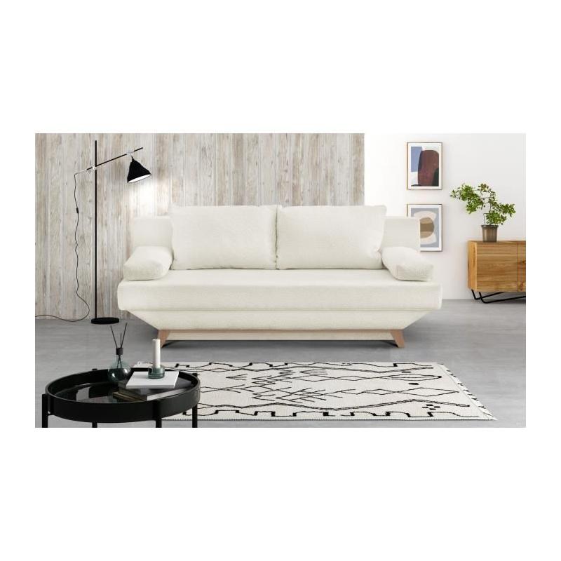 Banquette convertible 3 places TEIJO - Tissu bouclette beige - Coffre de rangement