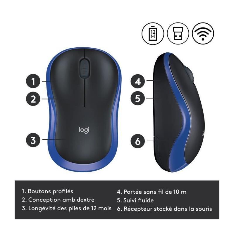 Souris sans fil Logitech M185 Bleu - Compacte et Pratique