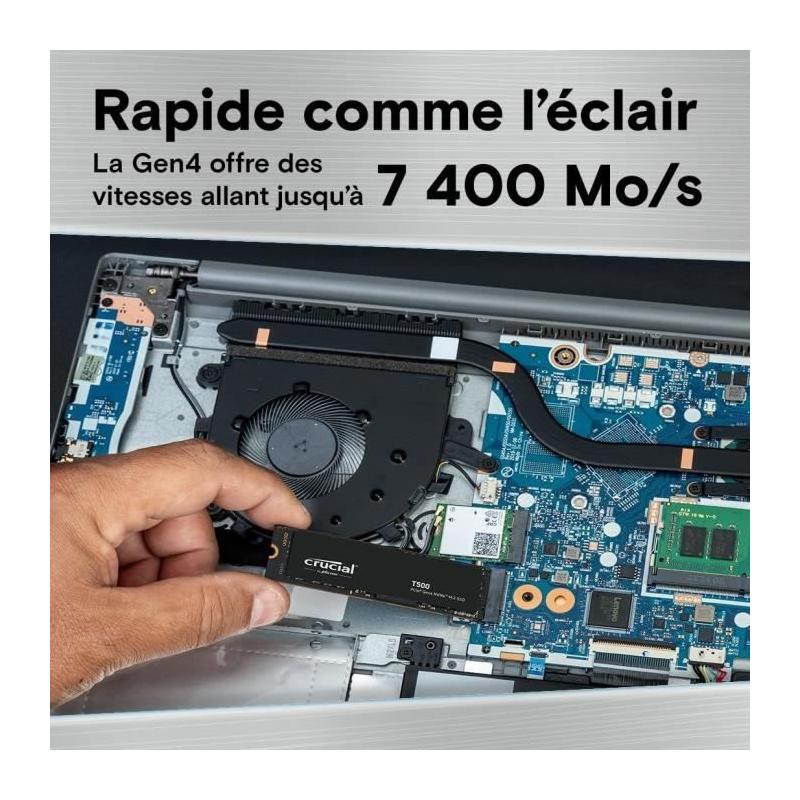 SSD Crucial T500 500Go PCIe Gen4 NVMe M.2 - Jusqu'à 7200Mo/s