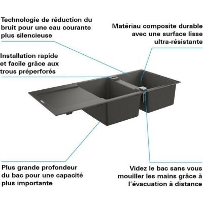 Évier composite GROHE avec égouttoir K500 1160 x 500 mm Gris granite