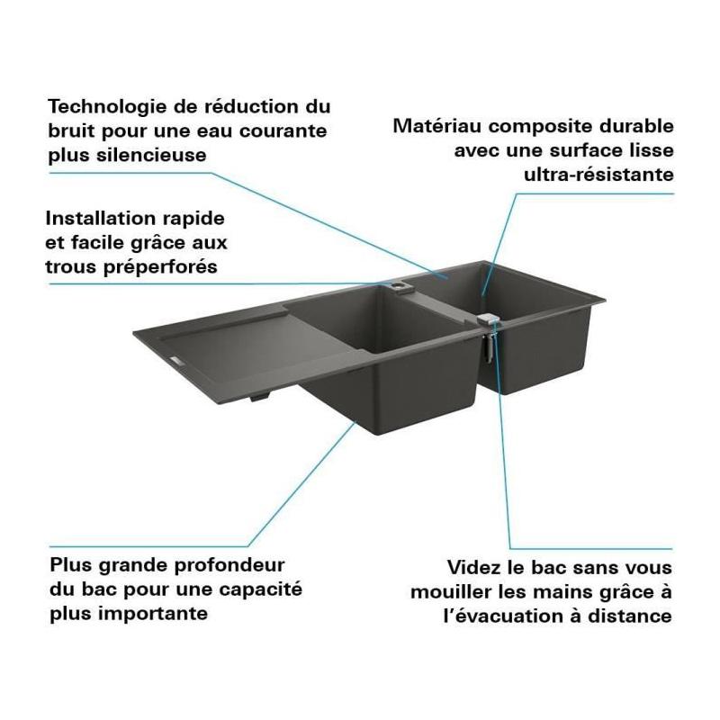 Évier composite GROHE avec égouttoir K500 1160 x 500 mm Gris granite