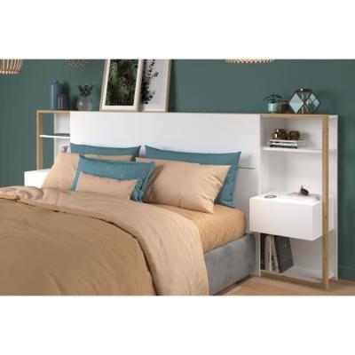 Tête de lit avec étagères + chevets intégrés - Blanc et chêne - L 255 x P 36 x H 103 cm