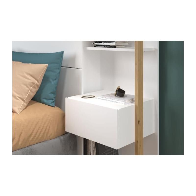 Tête de lit avec étagères + chevets intégrés - Blanc et chêne - L 255 x P 36 x H 103 cm