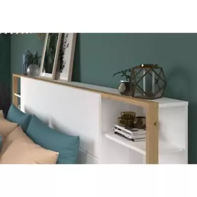Tête de lit avec étagères + chevets intégrés - Blanc et chêne - L 255 x P 36 x H 103 cm