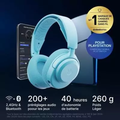 Casque gaming sans fil - STEELSERIES - Arctis Nova 3PW - Autonomie 40h - Bluetooth + 2,4 GHz - Couleur Bleu ciel Casque gaming sans fil - STEELSERIES - Arctis Nova 3PW - Autonomie 40h - Bluetooth + 2,4 GHz - Couleur Bleu ciel
