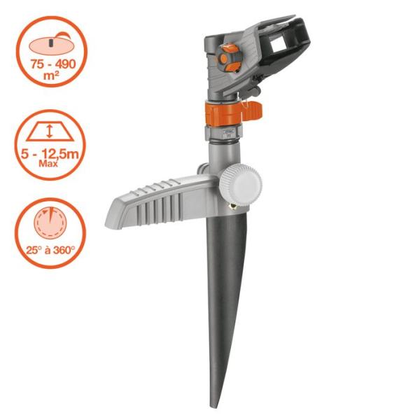GARDENA Arroseur-canon sur pic Comfort – Portée réglable 12.5m max – Superficie max 490m² – Jardin XL – Garantie 5 an