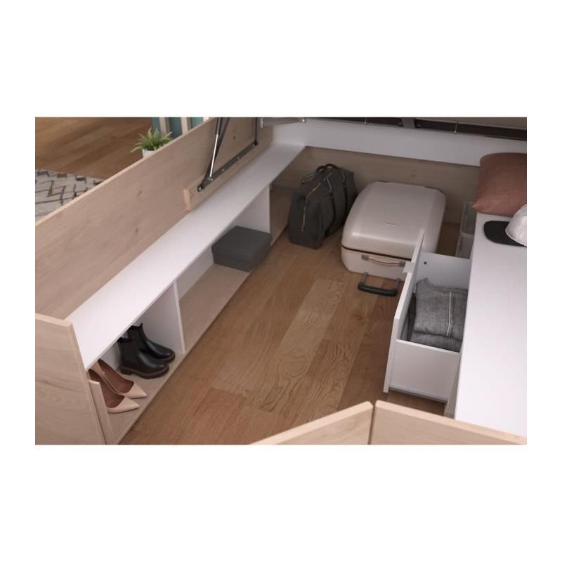 Lit coffre adulte design - 140x190/200 cm - Décor chene et Blanc