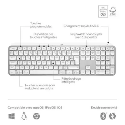 Clavier Logitech MX Keys S - AZERTY Français - Gris Pâle