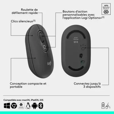 Souris sans fil Logitech Pop Mouse - Graphite, compacte et moderne