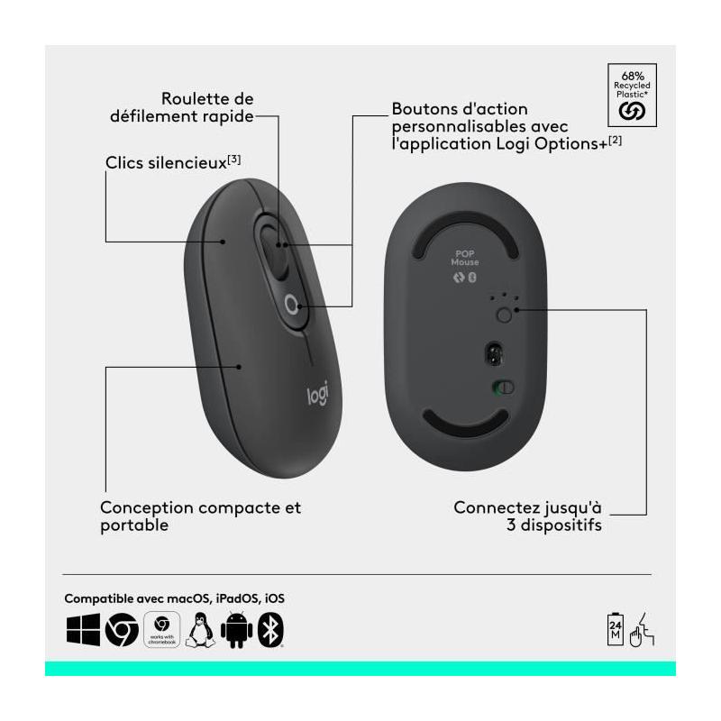 Souris sans fil Logitech Pop Mouse - Graphite, compacte et moderne