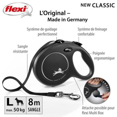 Laisse New Classic L Tape 8 m noir Flexi - Pratique et robuste