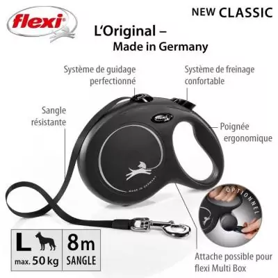 Laisse New Classic L Tape 8 m noir Flexi - Pratique et robuste Laisse New Classic L Tape 8 m noir Flexi - Pratique et robuste