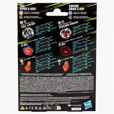 Beyblade X Tail Viper 5-80O & Sword Dran 3-60F Couvercle de toupie de combat