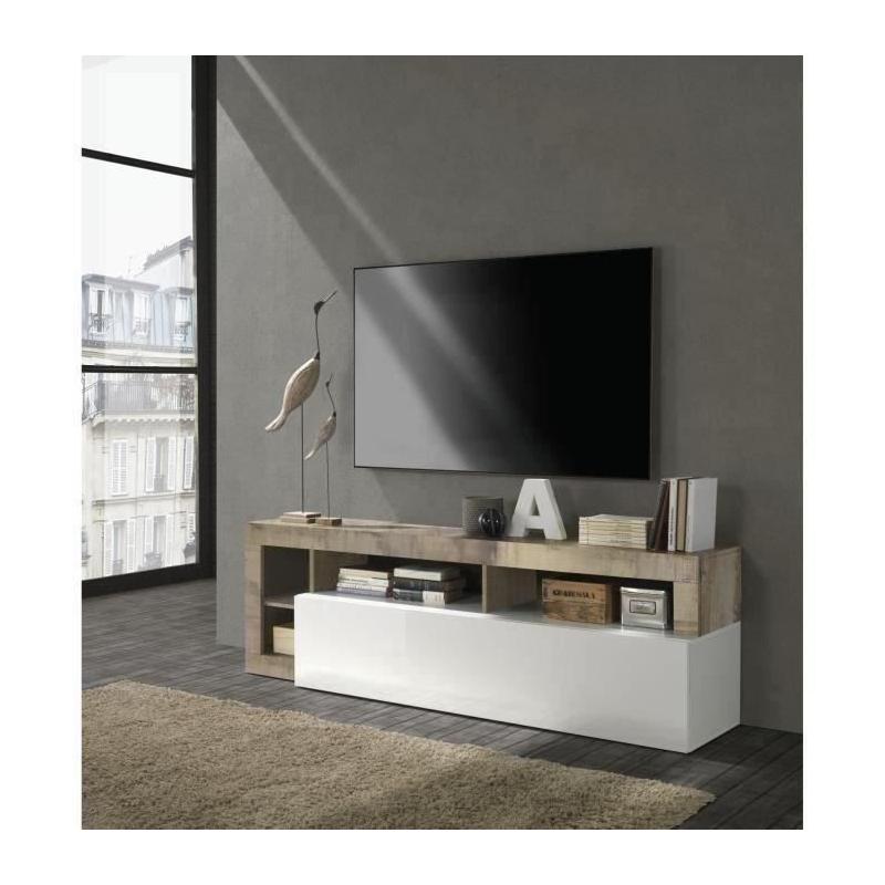 Meuble TV 1 porte Blanc Laqué et Bois Vintage - L 184 x P 42 x H 56 cm