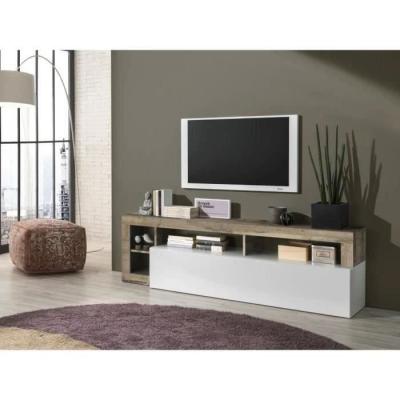 Meuble TV 1 porte Blanc Laqué et Bois Vintage - L 184 x P 42 x H 56 cm