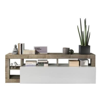 Meuble TV 1 porte Blanc Laqué et Bois Vintage - L 184 x P 42 x H 56 cm