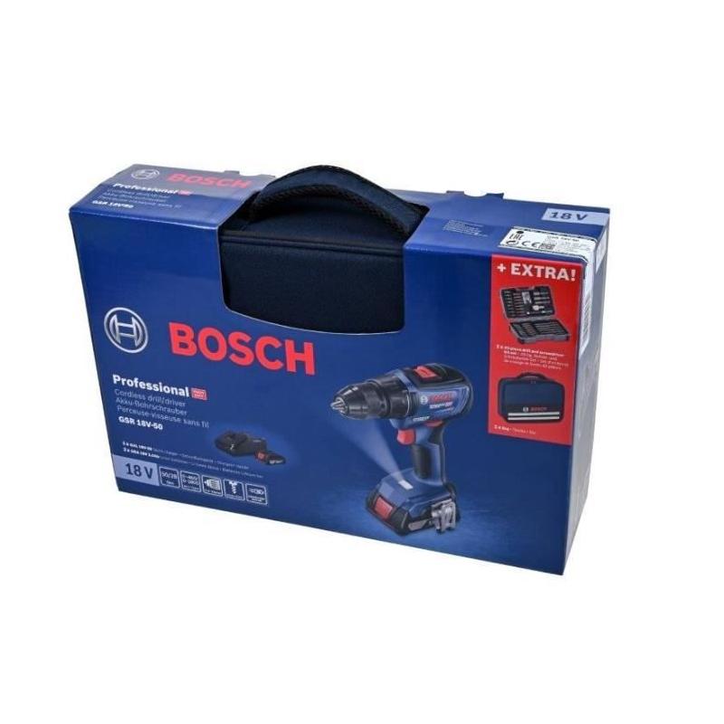 Perceuse-visseuse Bosch Pro: GSR 18V-50 + 2 batt. 2,0Ah + chrg. GAL 18V-20 + 43 acc. + Sacoche
