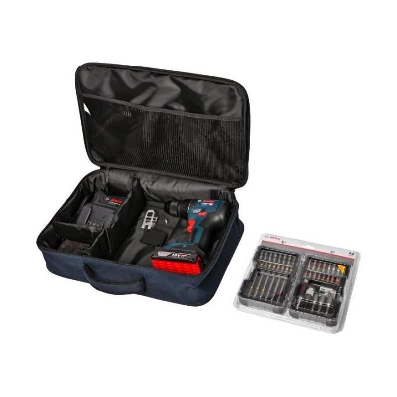 Perceuse-visseuse Bosch Pro: GSR 18V-50 + 2 batt. 2,0Ah + chrg. GAL 18V-20 + 43 acc. + Sacoche