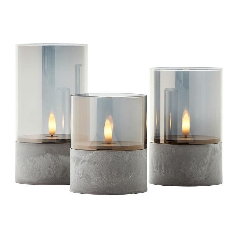 Lot de 3 lampes LED à poser style bougie pour jardin - Gris et verre fumé