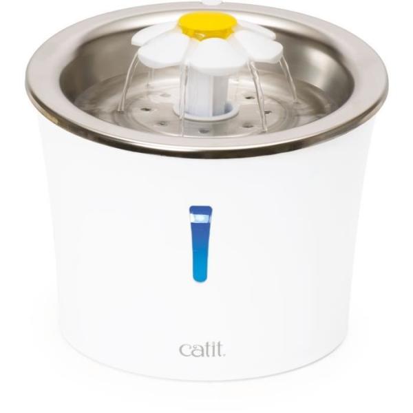 Fontaine a eau pour chat a fleur - CATIT - Flower - 3L - Dessus en acier inoxydable - Avec LED - Blanc