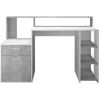 Bureau design avec rangements - Blanc/gris béton - L138,5 x H91,6 x P53,5 cm
