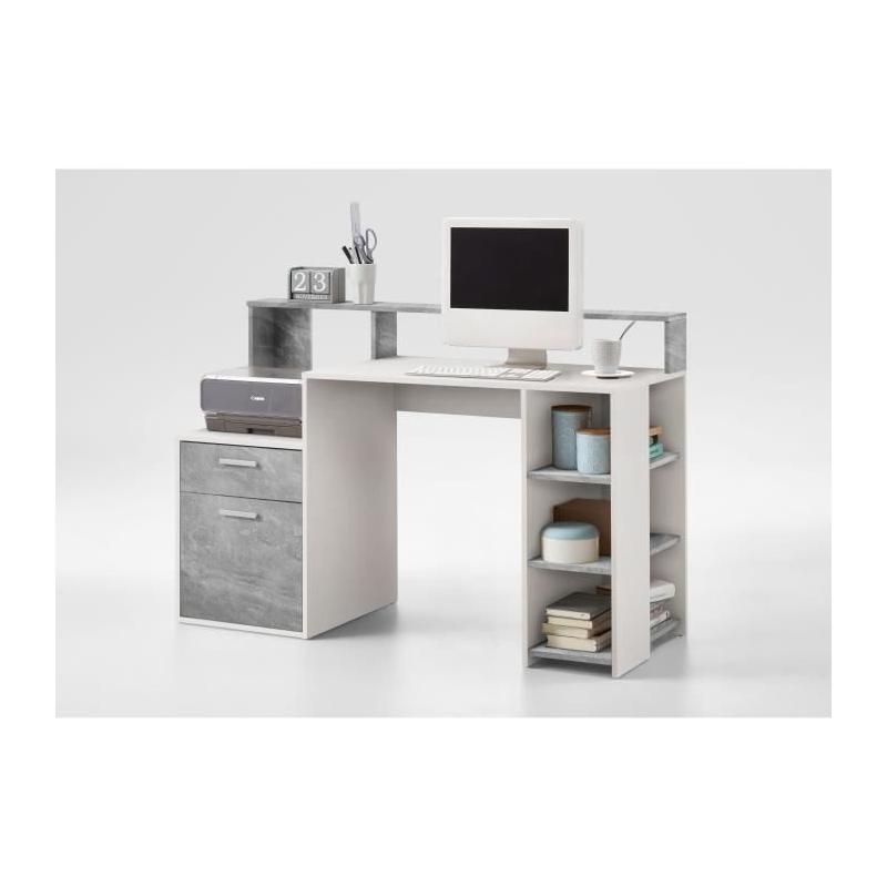 Bureau design avec rangements - Blanc/gris béton - L138,5 x H91,6 x P53,5 cm