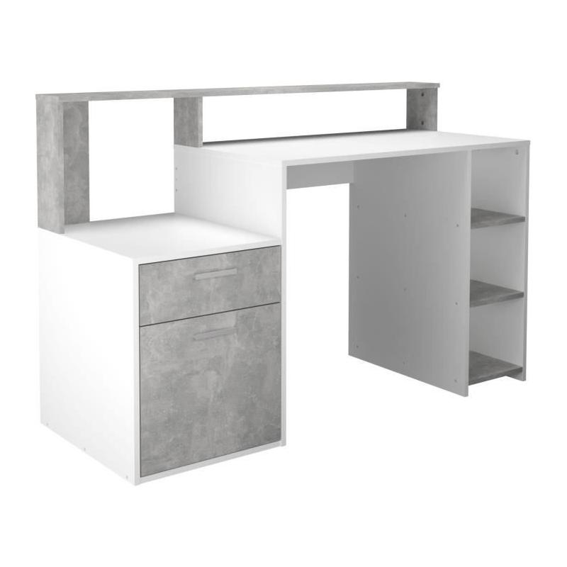 Bureau design avec rangements - Blanc/gris béton - L138,5 x H91,6 x P53,5 cm