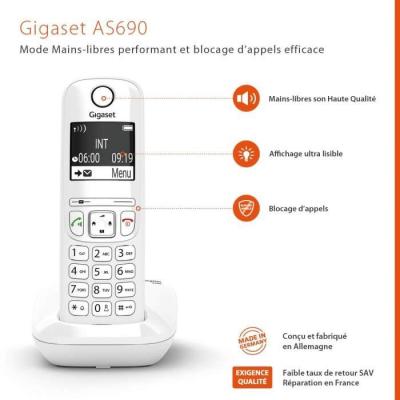 Téléphone Fixe GIGASET AS690 Blanc - Mains-libres performant et blocage d'appels