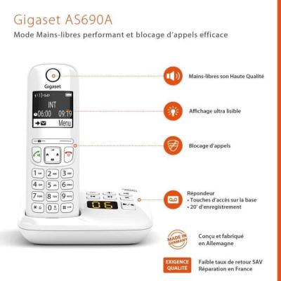 Téléphone Fixe AS690 A Trio Blanc - GIGASET: 20 sonneries - Mains libres