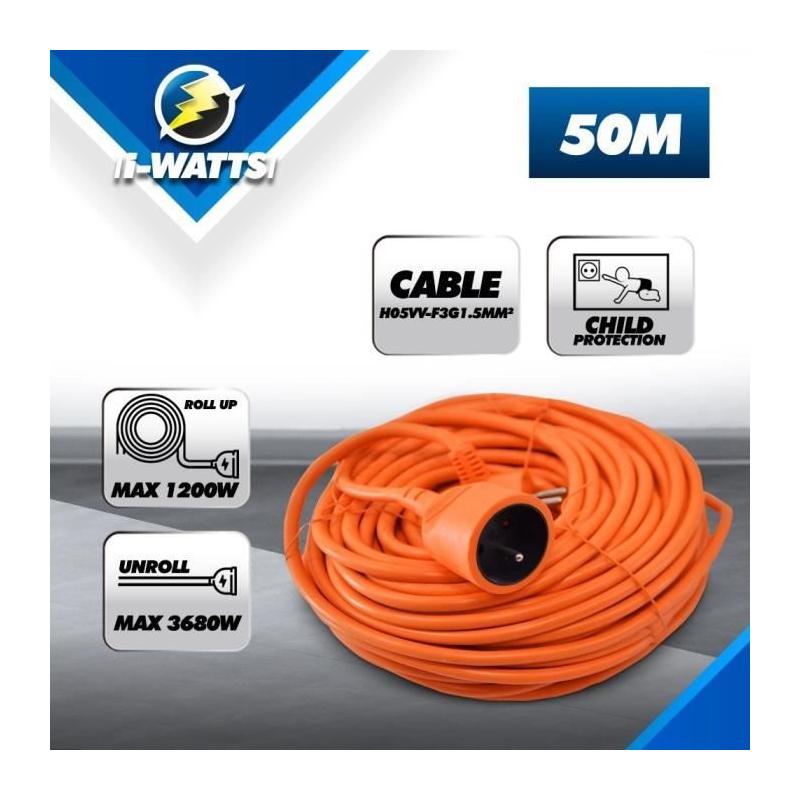 Allonge électrique 50m I-Watts - Rallonge 3G1.5 IP20