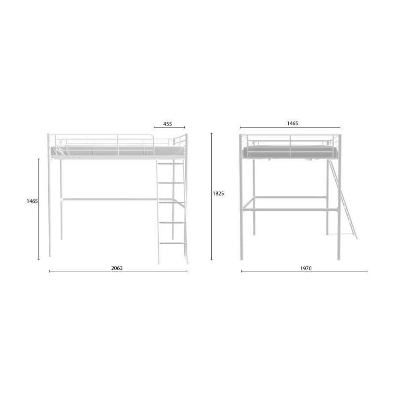 Lit mezzanine en métal ELIOT - Blanc 140x200 cm - Sommier inclus