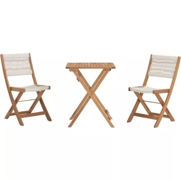 Set bistrot pliable en bois d'acacia FSC avec tressage en corde beige - 2 personnes - MAKENA