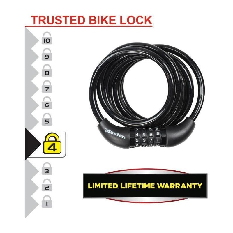 Antivol Vélo MASTER LOCK - Câble torsadé 1,8m - Combinaison programmable