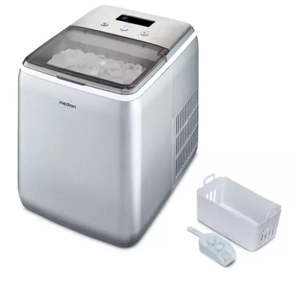 Machine a glaçons cristallins – MEDION MD11950 – Réservoir eau 2,6L – 15kg/24h – 2 tailles – 10 minutes – Inox