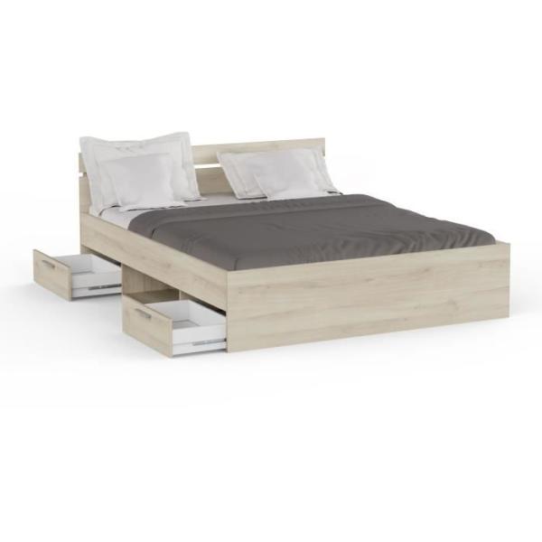 Demeyere Lit adulte MICHIGAN - 160 x 200 cm - Mulitiples rangements - Chene brossé